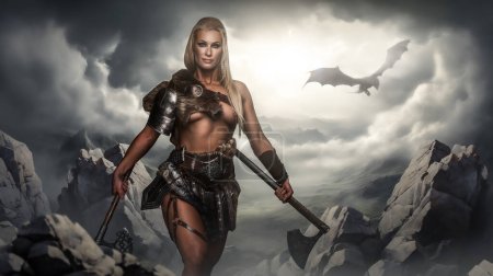 A strong female warrior holds a battle axe, ready for combat, with a dragon soaring in the sky behind her and mountains enveloped in mist