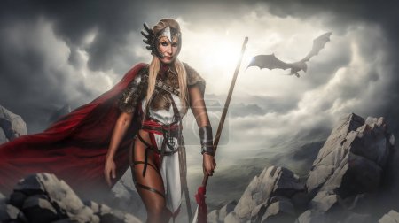 Photo for An epic Valkyrie in a winged helmet and red cape holding a spear, with a dragon flying in the background - Royalty Free Image