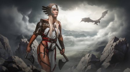 Photo for A strong female warrior holds a battle axe, ready for combat, with a dragon soaring in the sky behind her and mountains enveloped in mist - Royalty Free Image