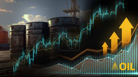 Téléchargez les photos : Réservoirs de stockage de pétrole avec des tableaux financiers, symbolisant la dynamique du marché dans le secteur pétrolier - en image libre de droit