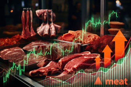 Téléchargez les photos : Bouchers affichage de la viande avec des graphiques ascendants du marché boursier montrant les tendances économiques - en image libre de droit