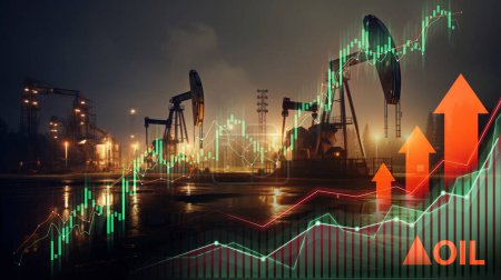 Foto de Plataformas de perforación de petróleo al atardecer con gráficos financieros brillantes, que simbolizan el rendimiento del mercado - Imagen libre de derechos