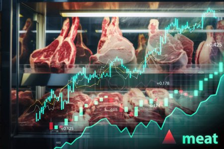 Foto de Varias carnes exhibidas en una carnicería con gráficos financieros que indican los precios de mercado - Imagen libre de derechos