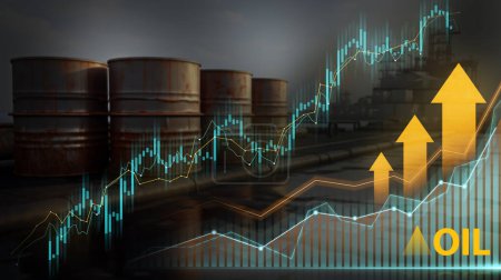 Téléchargez les photos : Réservoirs de stockage de pétrole avec des tableaux financiers, symbolisant la dynamique du marché dans le secteur pétrolier - en image libre de droit