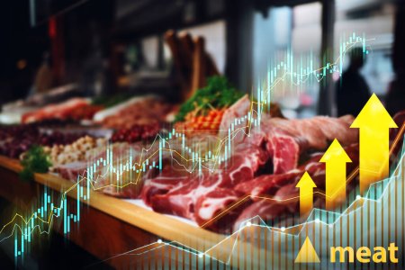 Photo for Various meat products in a display case overlaid with stock market analysis charts - Royalty Free Image