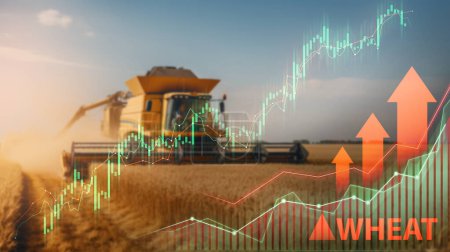 Téléchargez les photos : Machines de récolte dans un champ de blé doré avec des graphiques de croissance du marché boursier et des flèches - en image libre de droit