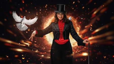 Téléchargez les photos : Magicien captivant tenant une baguette avec des colombes sur un fond de feu - en image libre de droit