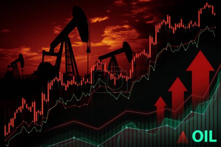 Photo for Oil pump jacks with stock market graphs and upward arrows symbolizing profit - Royalty Free Image