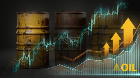 Foto de Barriles de petróleo oxidados con superposición de gráficos bursátiles que indican el aumento de los precios del petróleo - Imagen libre de derechos