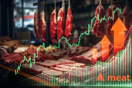 Photo for Butchers display of meat with ascending stock market graphs showing economic trends - Royalty Free Image