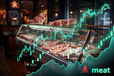 Varias carnes exhibidas en una carnicería con gráficos financieros que indican los precios de mercado