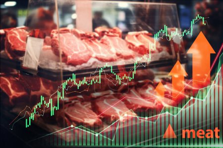 Photo for Butchers display of meat with ascending stock market graphs showing economic trends - Royalty Free Image