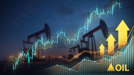Foto de Plataformas de perforación de petróleo al atardecer con gráficos financieros brillantes, que simbolizan el rendimiento del mercado - Imagen libre de derechos