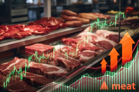 Foto de Carniceros exhiben carne con gráficos ascendentes del mercado de valores que muestran las tendencias económicas - Imagen libre de derechos