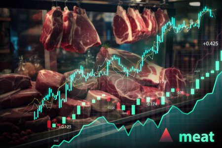Téléchargez les photos : Coupes fraîches de viande affichées avec des graphiques de croissance financière superposés indiquant les tendances du marché. - en image libre de droit