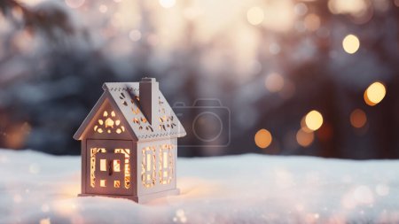 Téléchargez les photos : Une confortable maison lanterne en bois sur une surface enneigée, chaleureusement éclairée de l'intérieur, sur fond de lumière bokeh - en image libre de droit