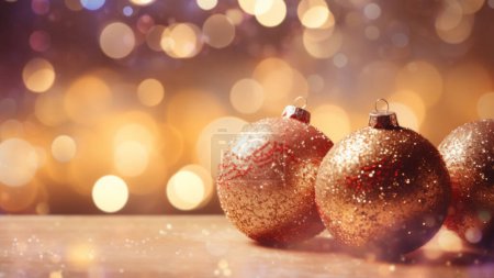 Photo for Golden Christmas baubles on a wooden surface with soft glowing background lights - Royalty Free Image