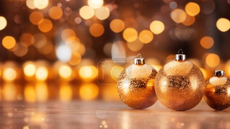Téléchargez les photos : Une ligne de boules de Noël dorées brille de joie festive dans une scène de vacances chaleureusement éclairée - en image libre de droit