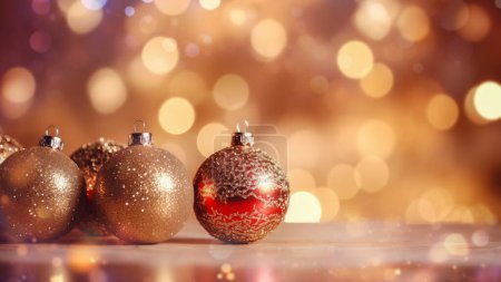 Photo for Close-up of sparkling red Christmas balls with golden bokeh lights in the background - Royalty Free Image
