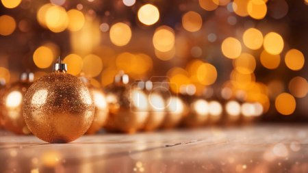 Téléchargez les photos : Une ligne de boules de Noël dorées brille de joie festive dans une scène de vacances chaleureusement éclairée - en image libre de droit