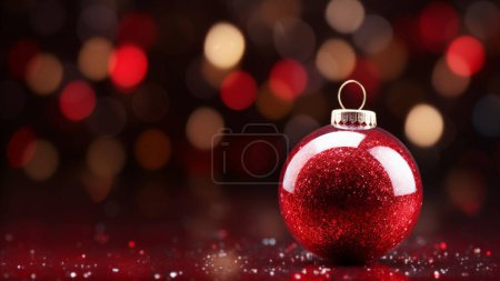 Foto de Primer plano de una bola de Navidad de purpurina roja sobre una superficie reflectante con un fondo cálido de luz bokeh - Imagen libre de derechos