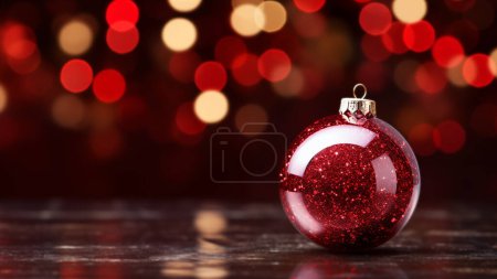 Foto de Primer plano de una bola de Navidad de purpurina roja sobre una superficie reflectante con un fondo cálido de luz bokeh - Imagen libre de derechos