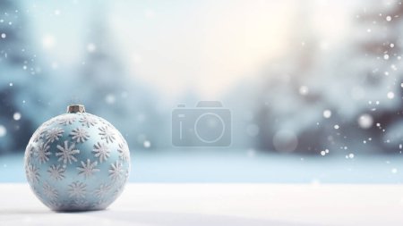 Foto de Bola con dibujos de copo de nieve descansa sobre un fondo de invierno nevado y borroso, evocando la serenidad de la temporada - Imagen libre de derechos