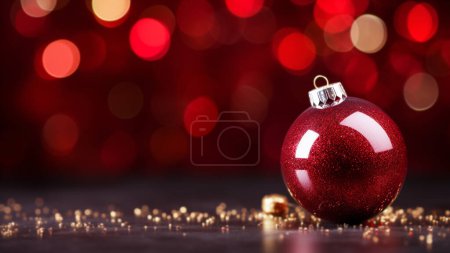 Photo for Close-up of a red glitter Christmas bauble on a reflective surface with a warm bokeh light backdrop - Royalty Free Image