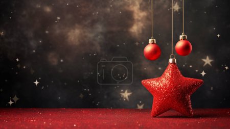 Foto de Adornos rojos de Navidad colgando sobre una estrella brillante, con un fondo mágico estrellado - Imagen libre de derechos