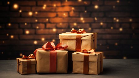 Photo for Multiple brown gift boxes with orange ribbons against a twinkling bokeh brick wall - Royalty Free Image