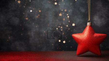 Foto de Un adorno rojo estrella de Navidad cuelga de un oscuro telón de fondo lleno de estrellas con bokeh festivo - Imagen libre de derechos