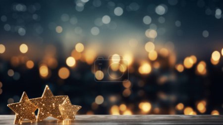 Photo for Two sparkling golden stars on a wooden surface, with a magical bokeh light effect in the background - Royalty Free Image