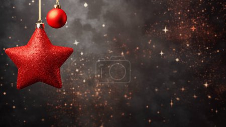 Photo for A glittering red star and ball lie on a festive surface with a starry, bokeh-effect background - Royalty Free Image