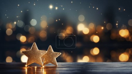 Foto de Dos brillantes estrellas doradas sobre una superficie de madera, con un efecto mágico de luz bokeh en el fondo - Imagen libre de derechos