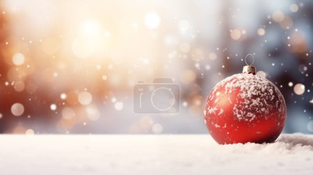 Photo for A single red Christmas ball on a snowy surface with soft falling snow and warm lights - Royalty Free Image