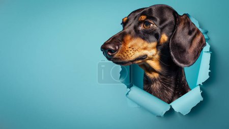 Photo for A confident Dachshund dog looks through a torn hole in the blue paper, making direct eye contact with the viewer - Royalty Free Image