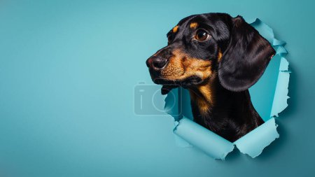 Téléchargez les photos : Un chien noir et bronzé vigilant regarde à travers un papier bleu déchiré, transmettant un sentiment de vigilance - en image libre de droit