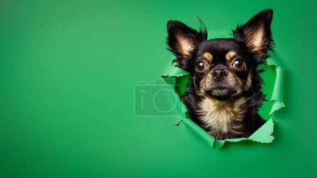 Foto de Un curioso rostro de Chihuahua aparece a través de un desgarrado papel verde, mostrando sus expresivos ojos y oídos - Imagen libre de derechos