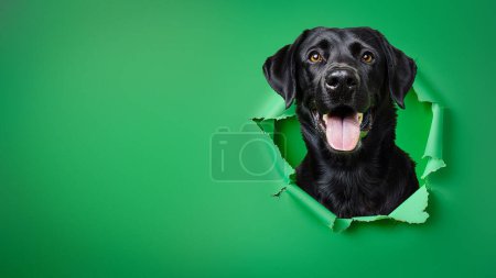 Un joyeux chien labrador noir qui fourre sa tête à travers un fond de papier vert déchiré, dépeignant curiosité et ludique