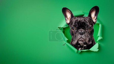 Téléchargez les photos : Une curieuse tête de bouledogue français surgissant à travers une larme de livre vert, regardant attentivement le spectateur - en image libre de droit