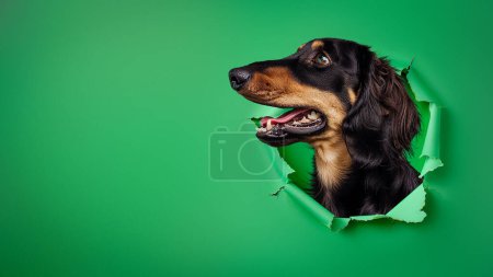 Photo for Engaging image of a Black and Tan French Bulldog looking upwards through a circular tear in green paper - Royalty Free Image