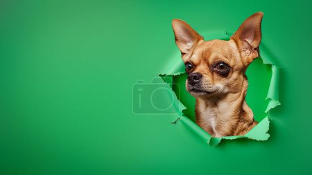 Adorable brown Chihuahua peeks through torn green paper, eyes full of expression