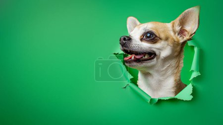 An adorable Chihuahua's head pops through a torn hole in the green paper, its big eyes and perky ears expressing excitement and playfulness