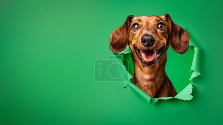 Téléchargez les photos : Un Dachshund sympathique sourit alors qu'il franchit une barrière de papier vert, transmettant un sentiment de plaisir et de malice avec ses yeux brillants - en image libre de droit