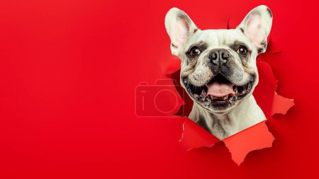 Eine niedliche Bulldogge, die ihren Kopf durch zerrissenes rotes Papier knallt und eine lustige und verspielte Atmosphäre vermittelt, die perfekt für dynamische Projekte ist