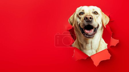 A friendly Labrador Retriever peeking through a torn red background, full of excitement and curiosity
