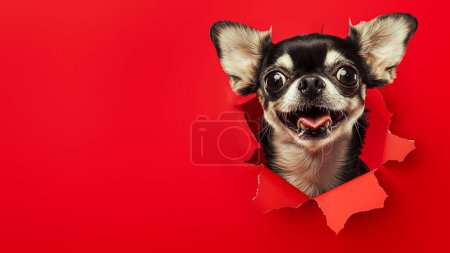 An expressive Chihuahua with big eyes coming out of a red torn background, conveying amusement