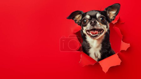 Foto de Un perro chihuahua juguetón con una gran sonrisa asomando su cabeza a través de un fondo de papel rojo rasgado, mirando sorprendido - Imagen libre de derechos