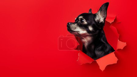 A serious Chihuahua dog attentively peering through a hole in a vibrant red paper, showing curiosity and alertness