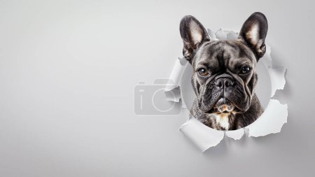 Photo for A French Bulldog's face looking through a circular tear in paper on a plain gray background, showing a mix of confusion and curiosity - Royalty Free Image